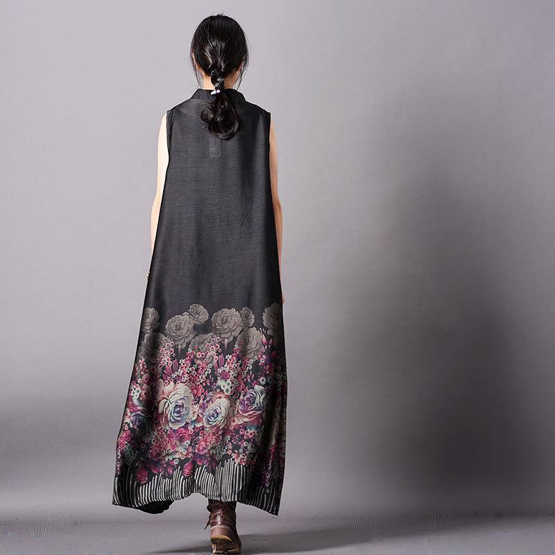 Retro Black Flower Print Sleeveless Dress