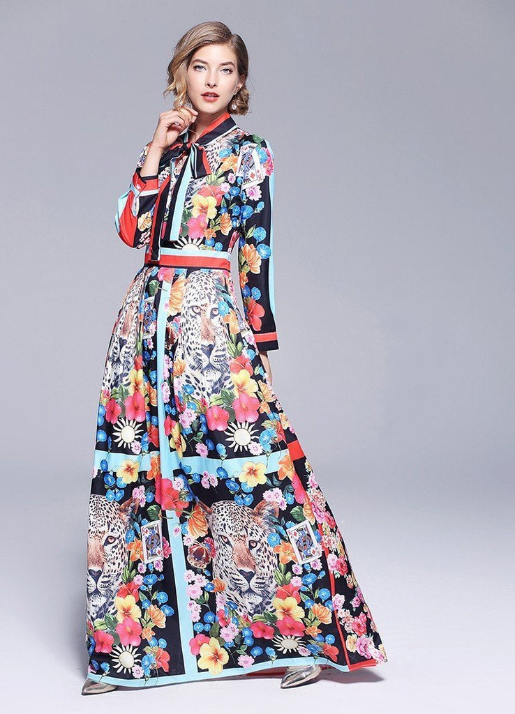 Retro Long Sleeve Fashion Print Stitching Dress