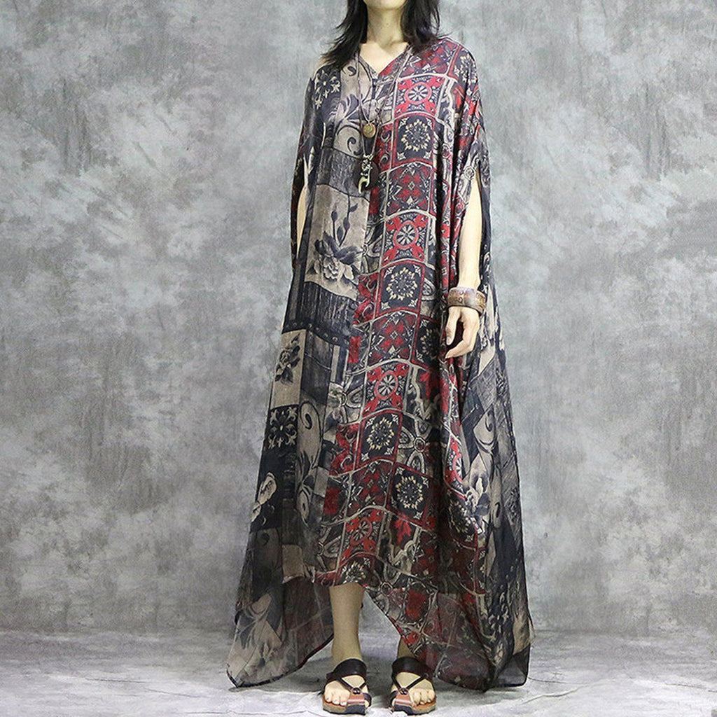 Women Casual Silk Printed High Low Two Piece Loose Maxi Dress