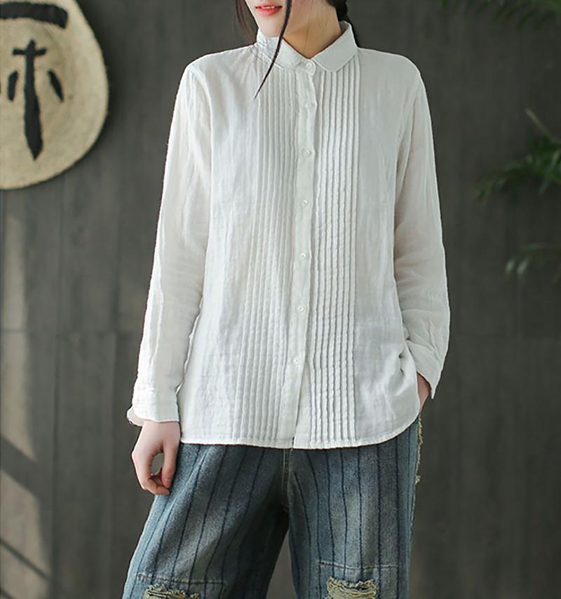 Women Spring Pleated Solid Vintage Cotton Yarn Shirt