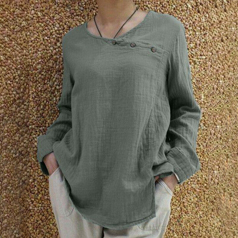 Cotton Linen Round Neck T-shirt Loose Long-sleeved Button Top