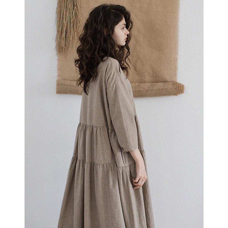Yarn Dyed Linen Women's Retro Long Dress