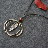 Ethnic Alloy Leaf Long Necklace Circle Pendant
