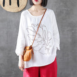 Linen Round Neck Loose Embroidery Long Sleeve Blouse