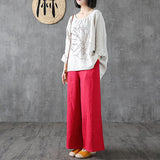 Linen Round Neck Loose Embroidery Long Sleeve Blouse