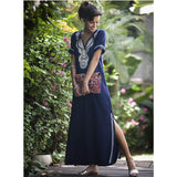 Navy Blue Floral Short Sleeves Maxi Dress Cover-Ups