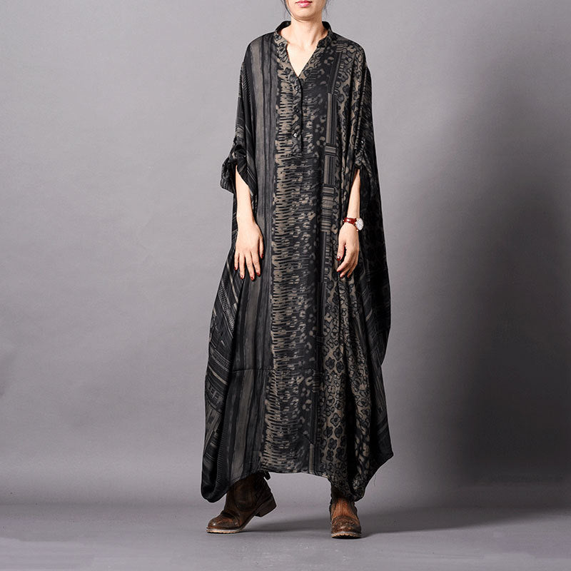 V-Neck Silk Irregular Print Dress Retro Stitching Robes