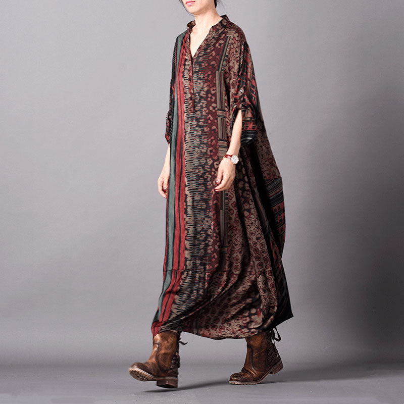 V-Neck Silk Irregular Print Dress Retro Stitching Robes