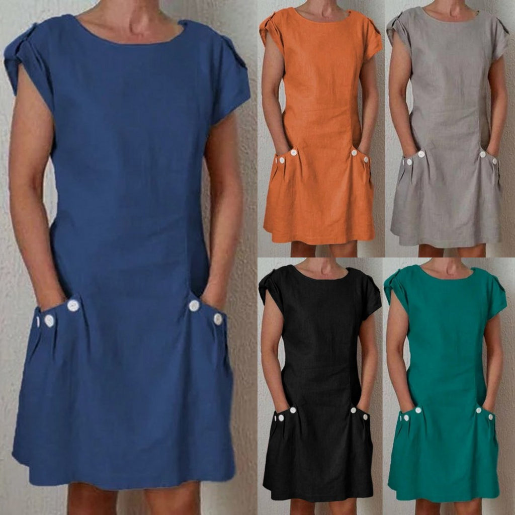 Solid Color Double Pocket Contrast Button Dress