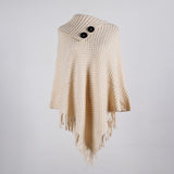 Fringed cloak shawl button solid color pullover sweater