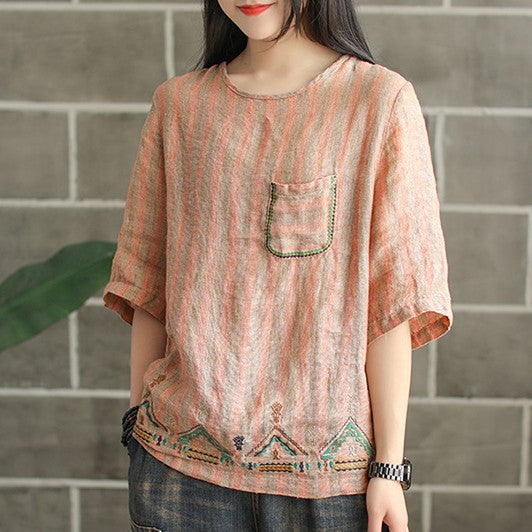 Striped Cotton Linen Embroidery Shirt