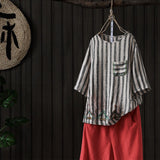 Striped Cotton Linen Embroidery Shirt