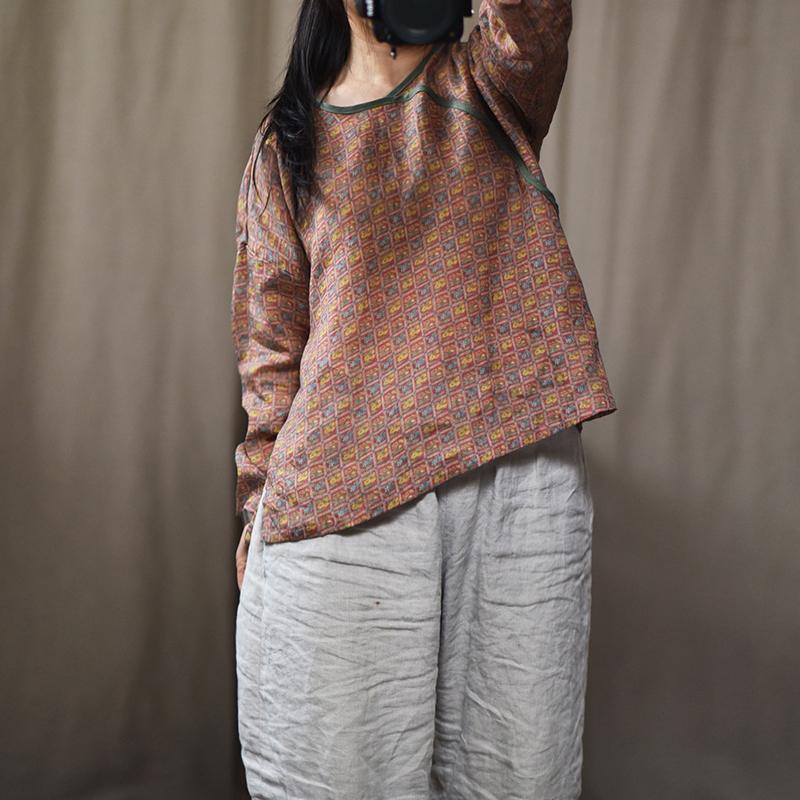 Spring Linen Printed Pullover Casual Blouses