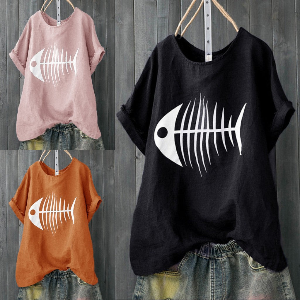 Print Fish Bone Casual Sleeved Shirt