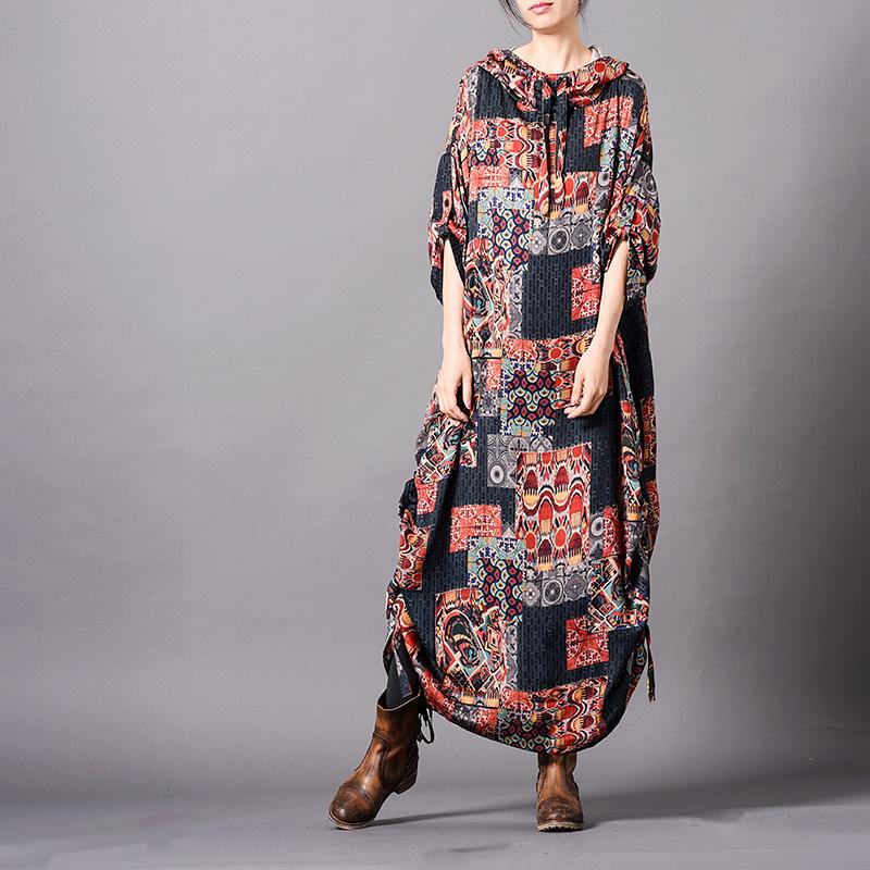 Silk Hooded Drawstring Printing Dress