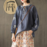 Ramie Embroidery Vintage Solid Lace-Up Blouse