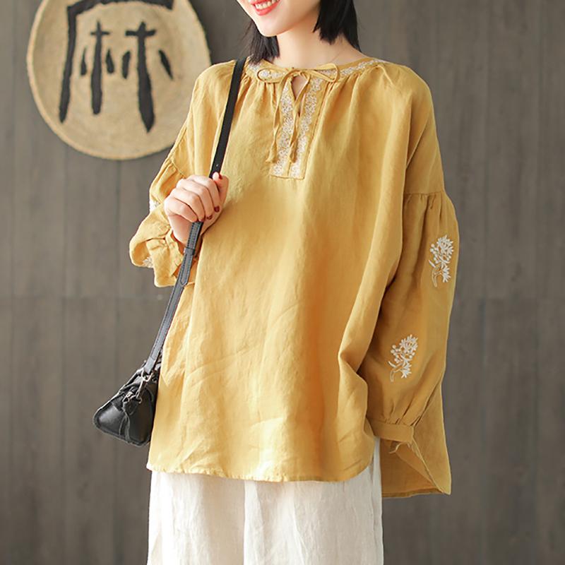 Ramie Embroidery Vintage Solid Lace-Up Blouse