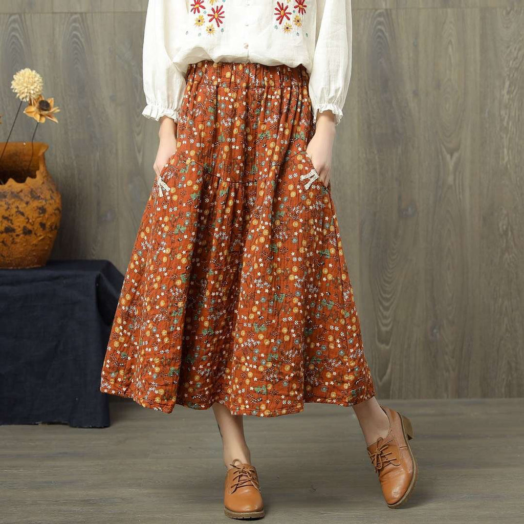 Vintage Style Printed Elastic Waist Long Skirt