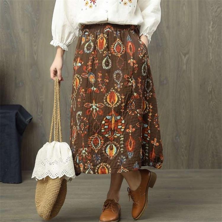 Vintage Style Printed Elastic Waist Long Skirt