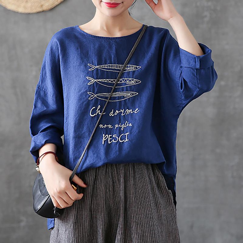 Cotton Linen Long Sleeve Embroidery Blouse