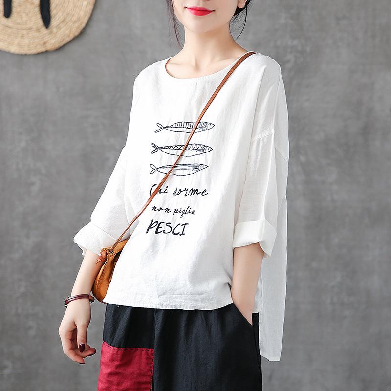 Cotton Linen Long Sleeve Embroidery Blouse