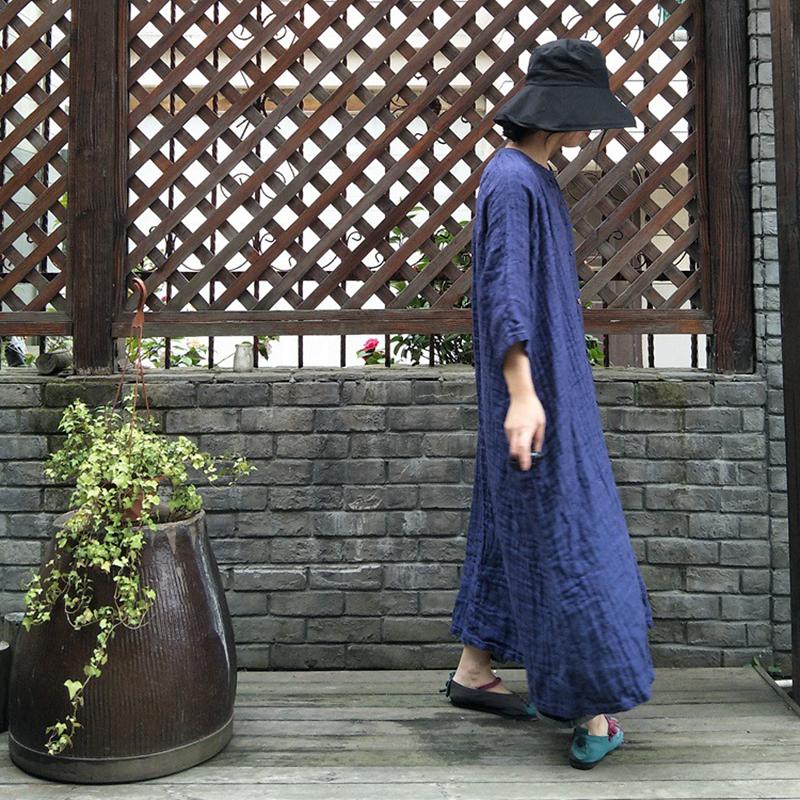 Linen Vintage Print Pleated Women Dress