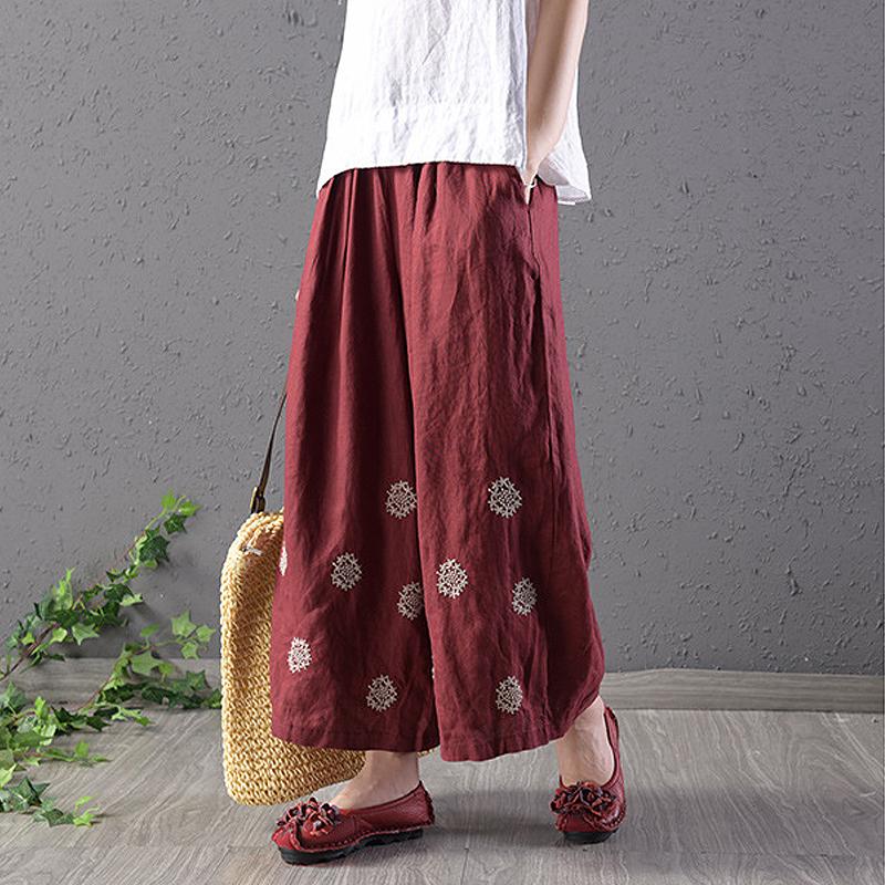 Vintage Cotton Linen Embroidery Ankle-Length Pants