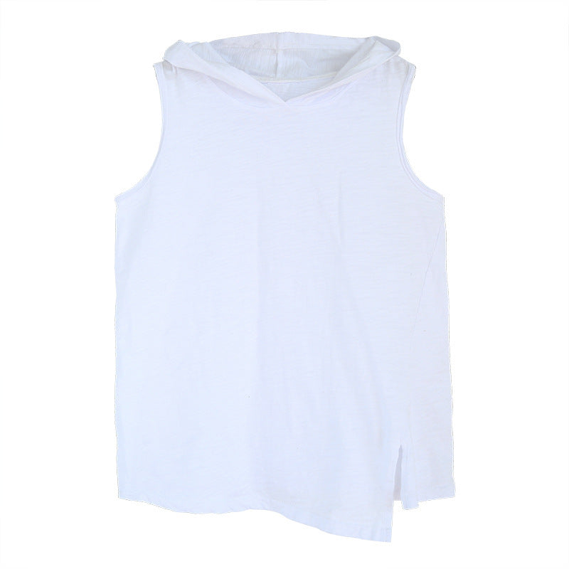 Sleeveless Hooded Vest Irregular Split White T-Shirt