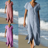 V Neck Women Dresses Beach Linen Paneled Dress