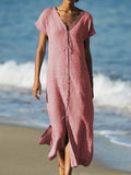 V Neck Women Dresses Beach Linen Paneled Dress