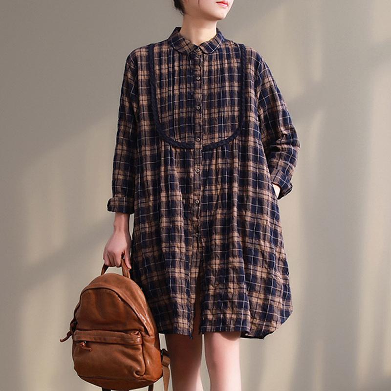 Women Spring Casual Cotton Spliced Plaid Pleated Dress