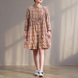 Women Spring Casual Cotton Spliced Plaid Pleated Dress