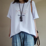 Casual Embroidery Short Sleeve Cotton Blouse