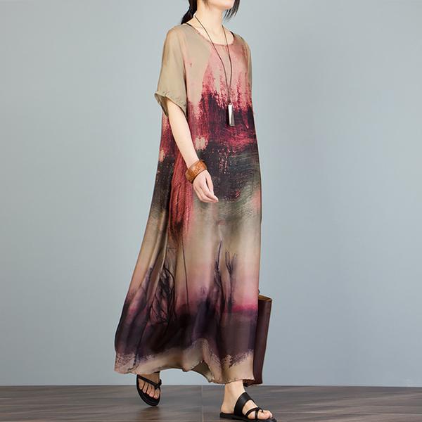 Printed Irregular Short Sleeve Loose A-Line Dress