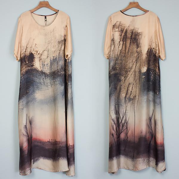 Printed Irregular Short Sleeve Loose A-Line Dress