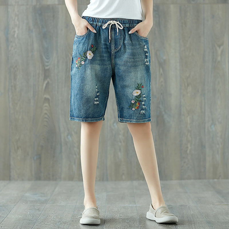 Floral Printed Simple Plus Size Jeans Shorts