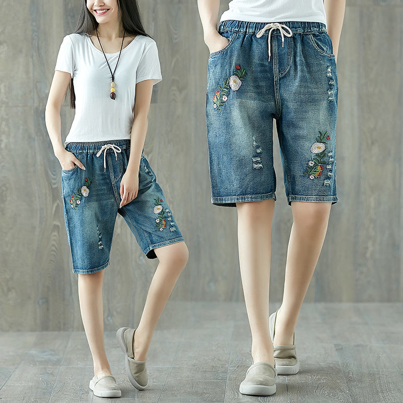 Floral Printed Simple Plus Size Jeans Shorts