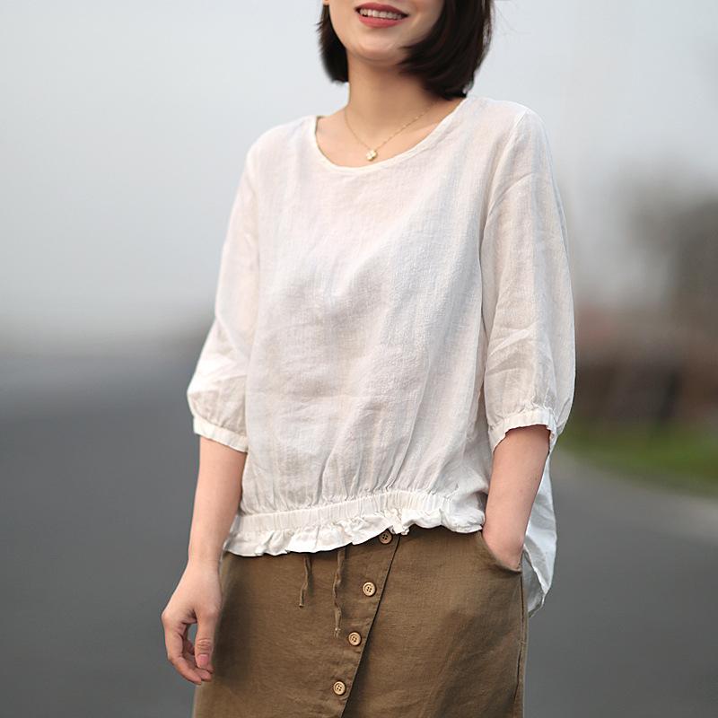 Casual Linen Round Neck Pleated Solid Blouse