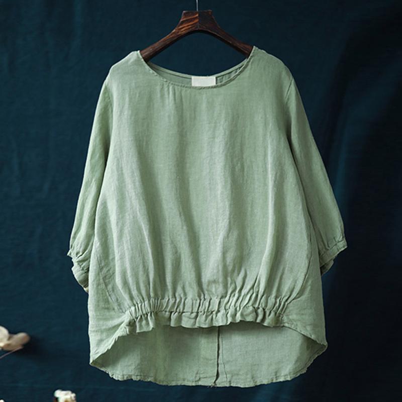 Casual Linen Round Neck Pleated Solid Blouse