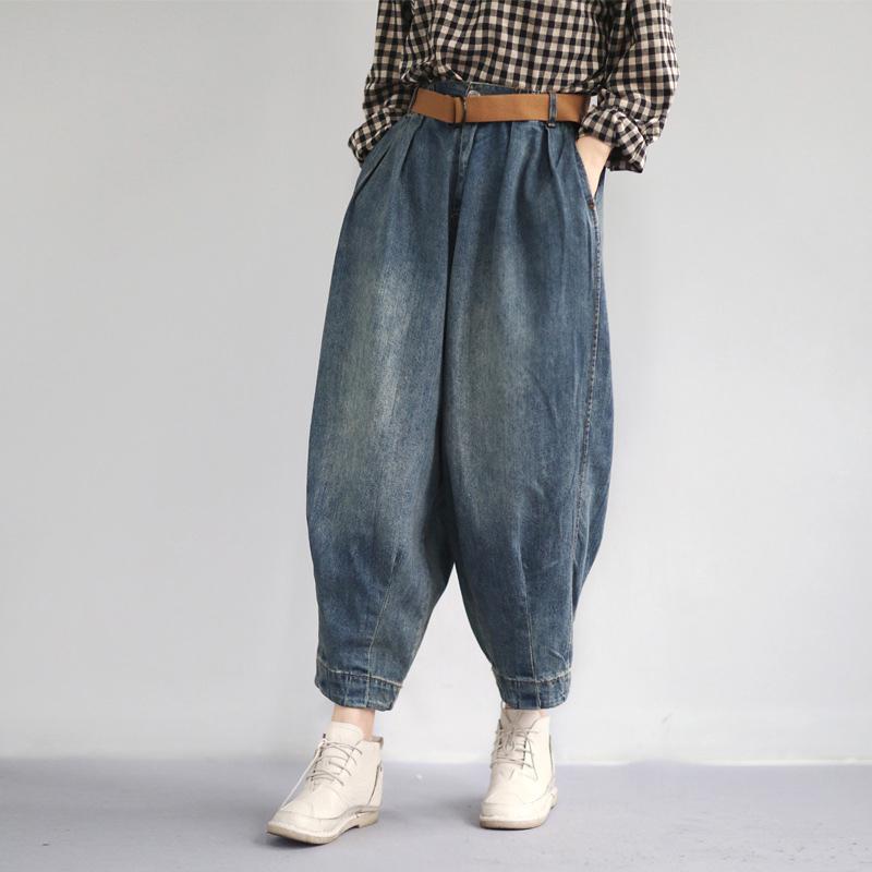 Women Spring Vintage Solid Loose Turnip Pants Jeans