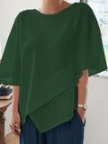 Women Asymmetric Linen Blouse Crew Neck Plain Shirt
