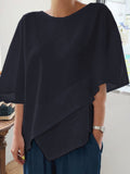 Women Asymmetric Linen Blouse Crew Neck Plain Shirt