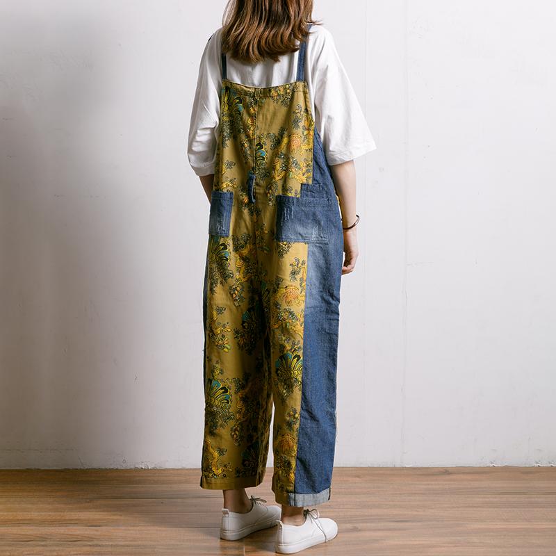 Sale Women Spliced Plant Printed Loose Jumpsuit