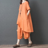 Cotton Linen Solid Loose Irregular Blouse And Pants