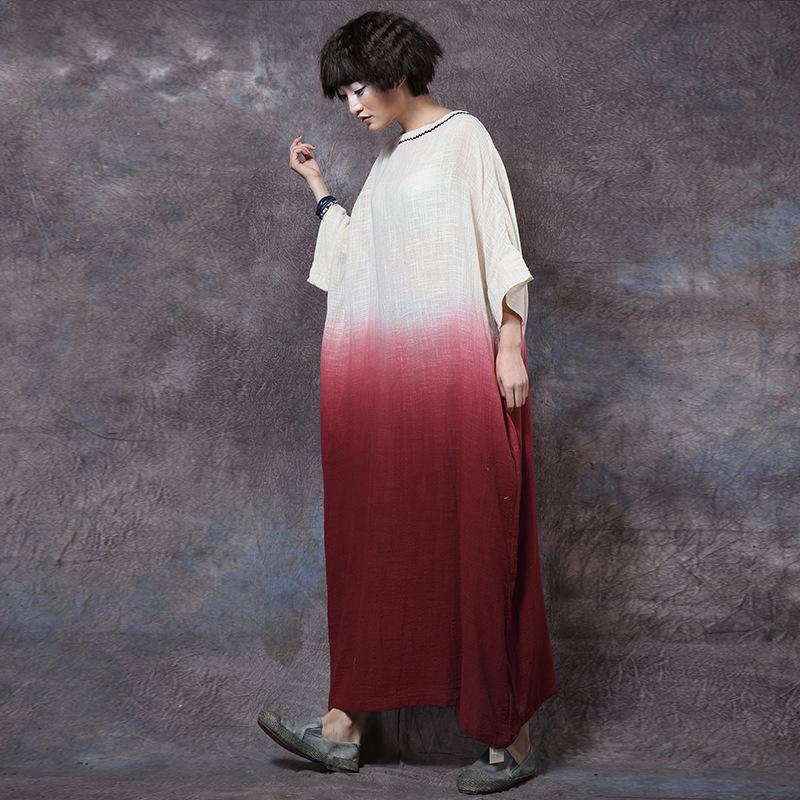 Women Ladies Retro Gradient Dolman Sleeve Linen Dress