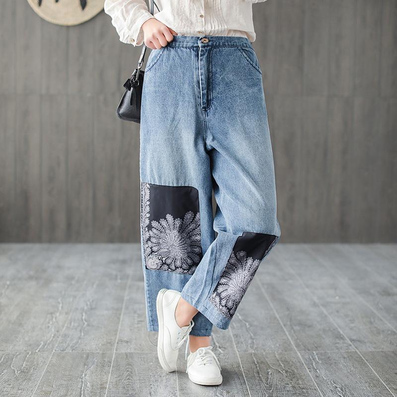 Women Spring Vintage Patchwork Ankle Length Jeans