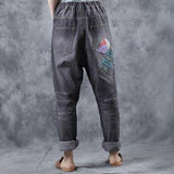 Women Spring Vintage Embroidery Patchwork Gray Jeans