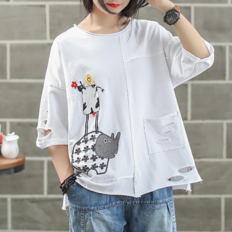 Ripped Hole Embroidery Irregular Casual T-Shirt