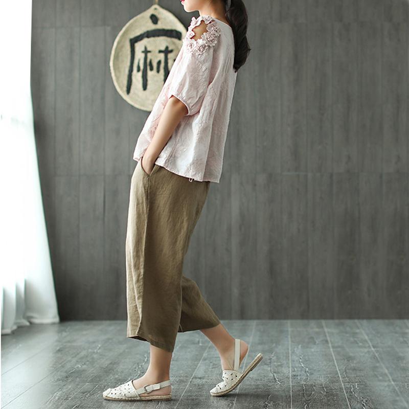 Linen Embroidery Casual Wide Leg Pants