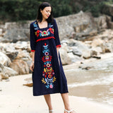Boho Embroidery Cotton Linen Holiday Midi Dress